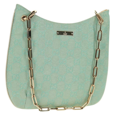 GUCCI GG帆布鏈條單肩包 淺藍色 金色 正品 163592V