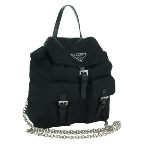 PRADA 尼龍黑色銀色鏈條單肩包 Auth 171449M