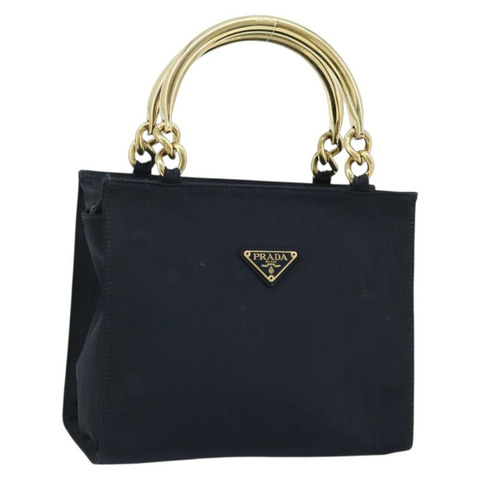 PRADA 金屬手柄手提包 尼龍 黑色 金色 正品 LNZ454V