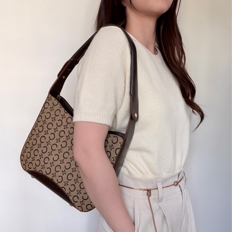 Celine 老花肩背包 真皮拼帆布 輕便百搭 腋下包 思琳-0