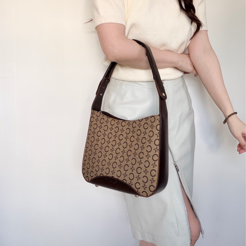 Celine 老花肩背包 真皮拼帆布 輕便百搭 腋下包 思琳-1