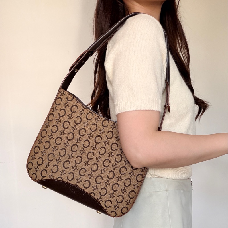 Celine 老花肩背包 真皮拼帆布 輕便百搭 腋下包 思琳-2