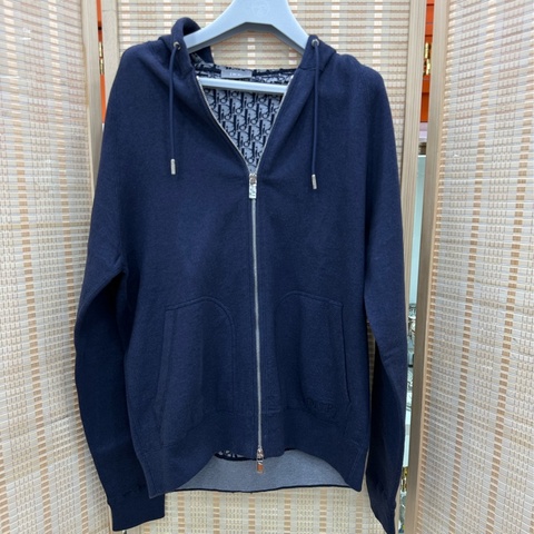 Dior 迪奧 新款 海軍藍 刺繡字母Logo內裡老花滿印羊絨混織拉鍊外套 M碼