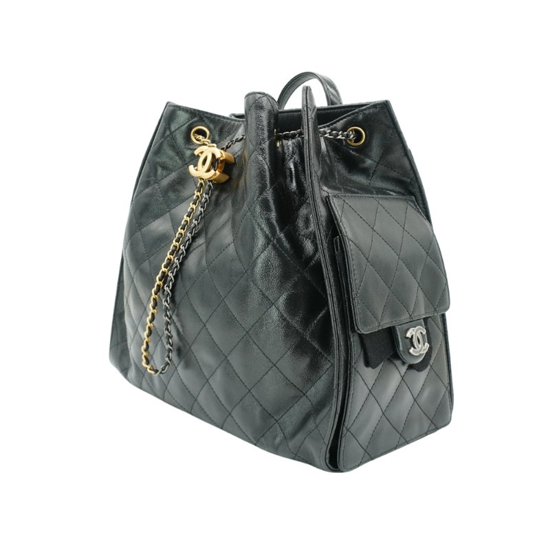 Chanel 25bag 菱格紋小牛皮束口雙色鍊後背包(AS5760-黑)-1
