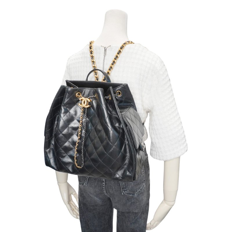 Chanel 25bag 菱格紋小牛皮束口雙色鍊後背包(AS5760-黑)-5