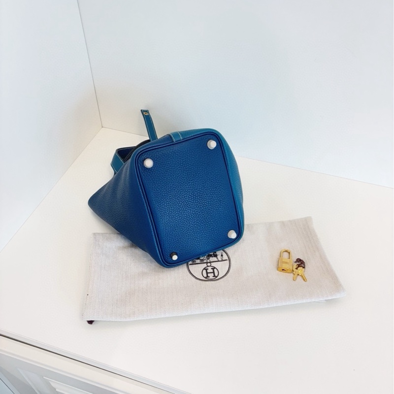 【98新部分膜在🆕】Hermes Picotin拼色菜籃子18 新色 深邃藍拼博斯普魯斯綠 💎手提包-5