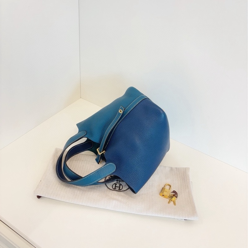 【98新部分膜在🆕】Hermes Picotin拼色菜籃子18 新色 深邃藍拼博斯普魯斯綠 💎手提包-6