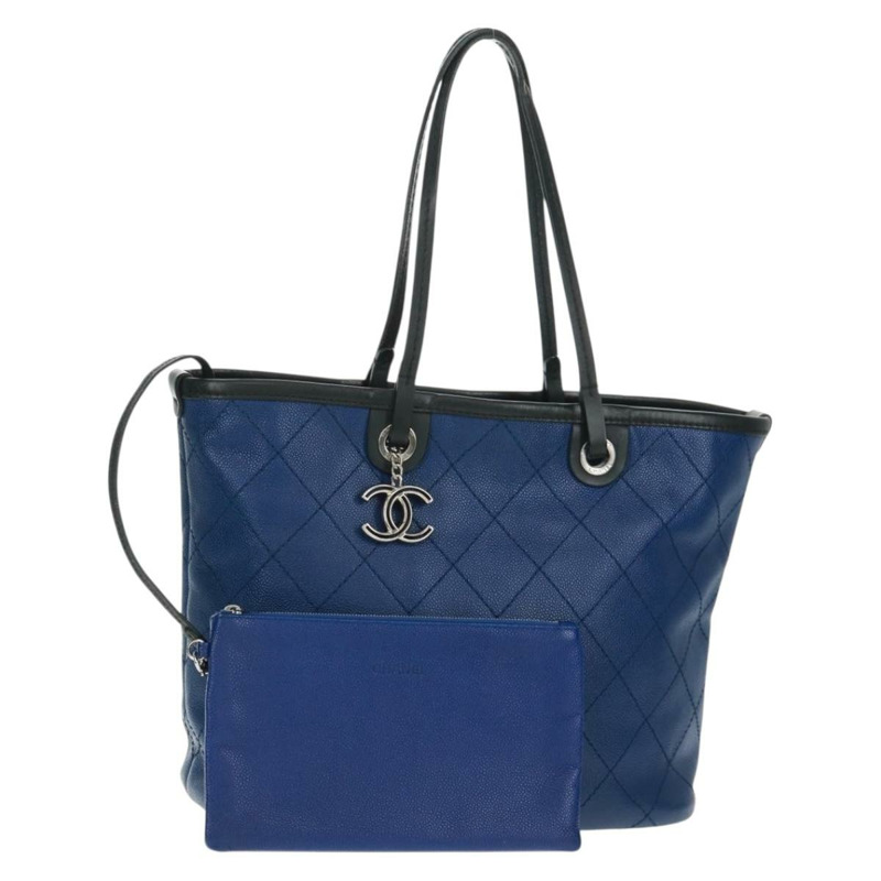 【日本直送】香奈兒 (CHANEL) Matelasse 托特包，魚子醬紋皮革，海軍藍，銀色雙C標誌，正品編號 166301M-0