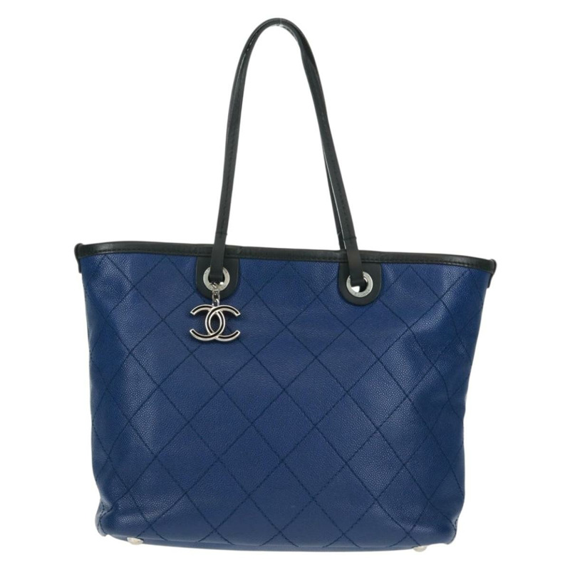【日本直送】香奈兒 (CHANEL) Matelasse 托特包，魚子醬紋皮革，海軍藍，銀色雙C標誌，正品編號 166301M-1