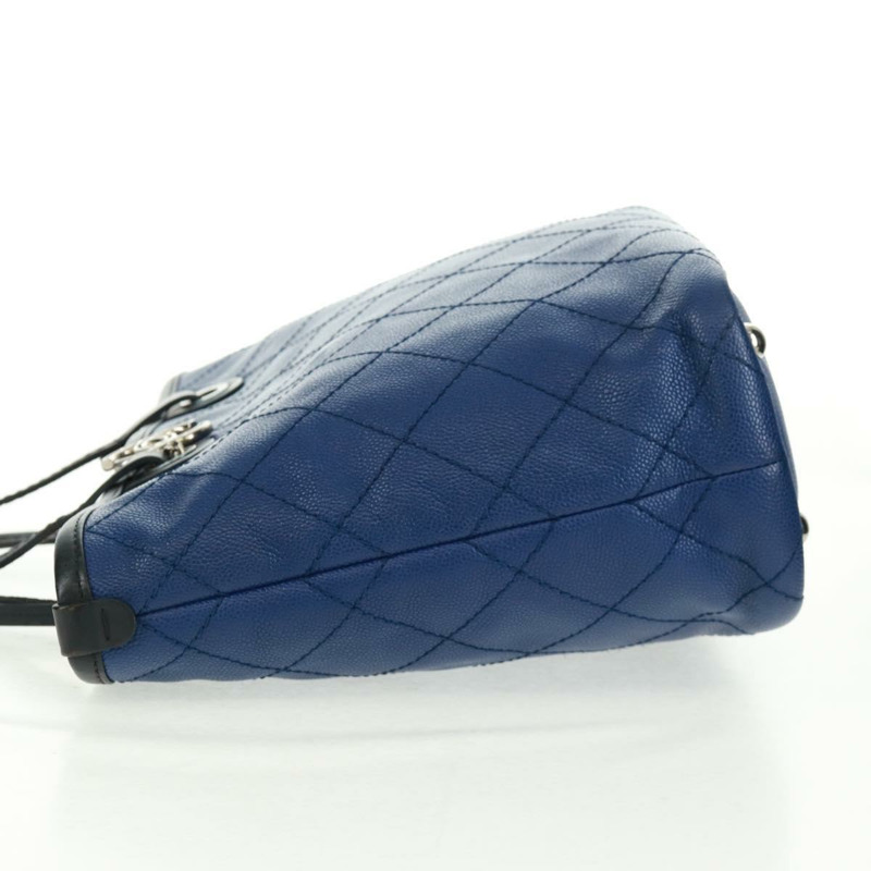 【日本直送】香奈兒 (CHANEL) Matelasse 托特包，魚子醬紋皮革，海軍藍，銀色雙C標誌，正品編號 166301M-3