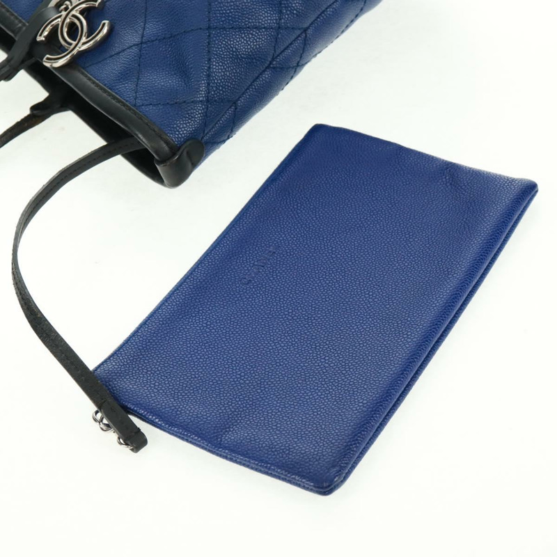 【日本直送】香奈兒 (CHANEL) Matelasse 托特包，魚子醬紋皮革，海軍藍，銀色雙C標誌，正品編號 166301M-13