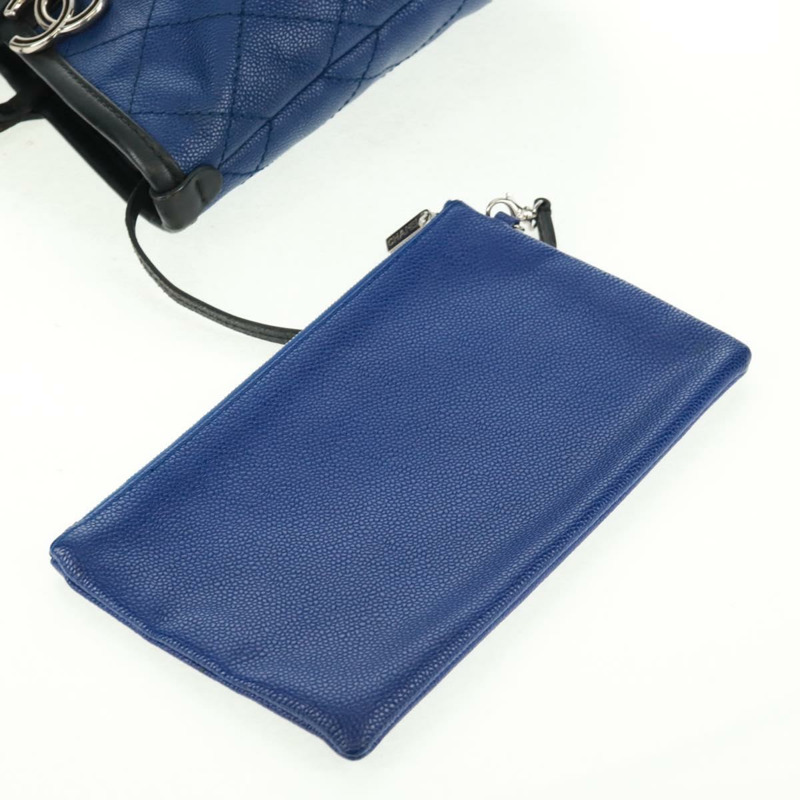 【日本直送】香奈兒 (CHANEL) Matelasse 托特包，魚子醬紋皮革，海軍藍，銀色雙C標誌，正品編號 166301M-15