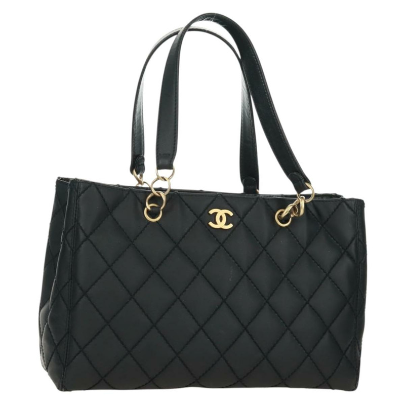 【日本直送】香奈兒 (CHANEL) 絎縫野性紋理手提包,黑色皮革,金色雙C標誌,正品編號 165820V-0