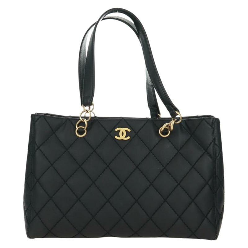 【日本直送】香奈兒 (CHANEL) 絎縫野性紋理手提包,黑色皮革,金色雙C標誌,正品編號 165820V-1