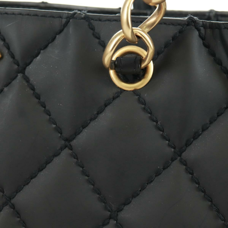【日本直送】香奈兒 (CHANEL) 絎縫野性紋理手提包,黑色皮革,金色雙C標誌,正品編號 165820V-2