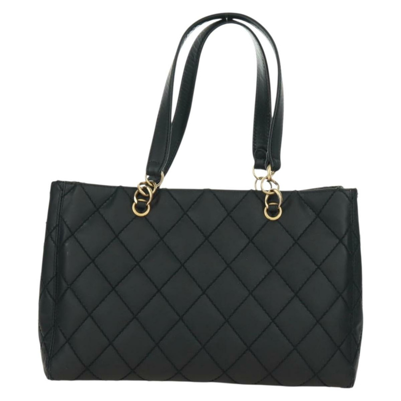 【日本直送】香奈兒 (CHANEL) 絎縫野性紋理手提包,黑色皮革,金色雙C標誌,正品編號 165820V-3