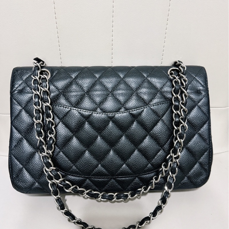 8 成新  Chanel香奈兒 cf中號 黑色荔枝皮 黑銀雙蓋鏈條包，成色如圖，燙金糊了，整體護理，鐳射11開-1
