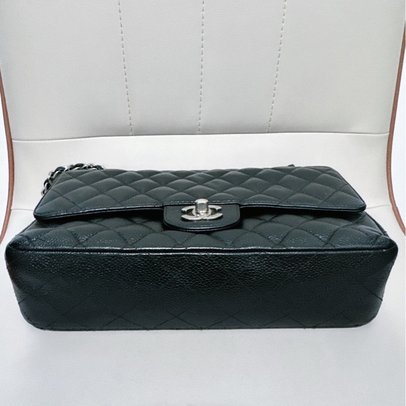 8 成新  Chanel香奈兒 cf中號 黑色荔枝皮 黑銀雙蓋鏈條包，成色如圖，燙金糊了，整體護理，鐳射11開-3