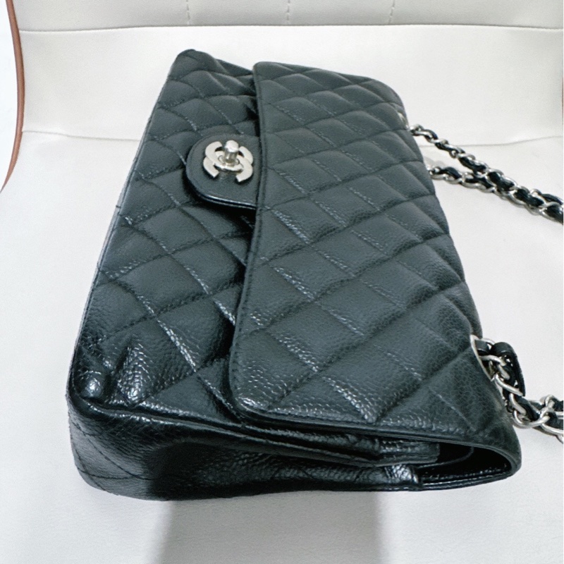 8 成新  Chanel香奈兒 cf中號 黑色荔枝皮 黑銀雙蓋鏈條包，成色如圖，燙金糊了，整體護理，鐳射11開-4