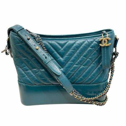 CHANEL 香奈兒 GABRIELLE V字紋 流浪包 皮革 土耳其藍 三色釦