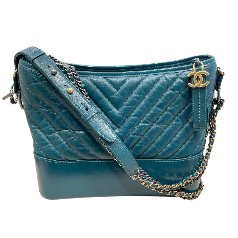 CHANEL 香奈兒 GABRIELLE V字紋 流浪包 皮革 土耳其藍 三色釦-0