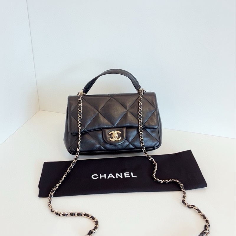 【98新🆕】Chanel 黑金大菱格CF Handle鏈條郵差包 手提斜挎包-0