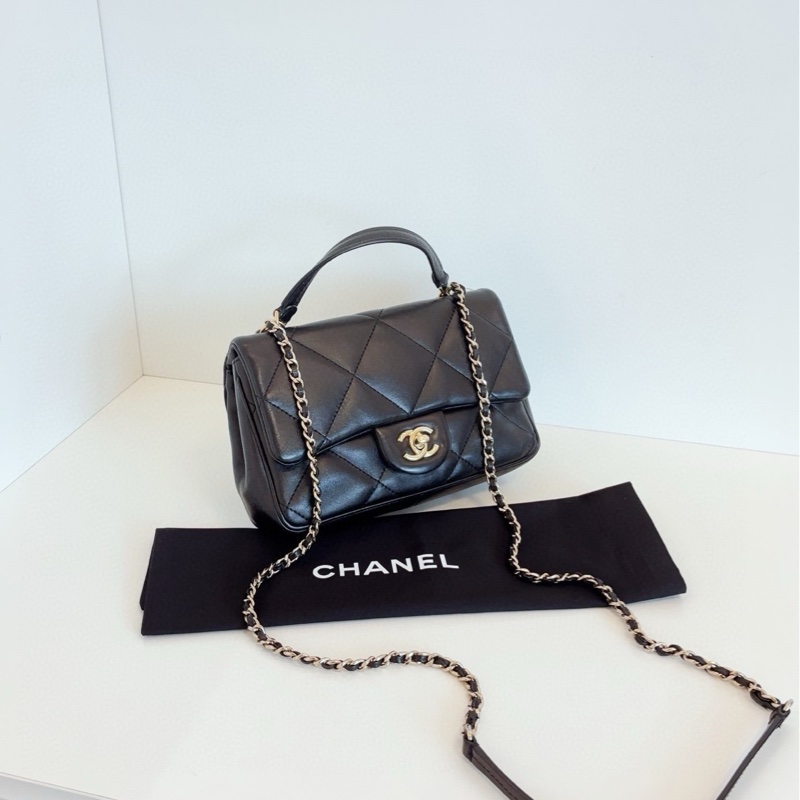 【98新🆕】Chanel 黑金大菱格CF Handle鏈條郵差包 手提斜挎包-2