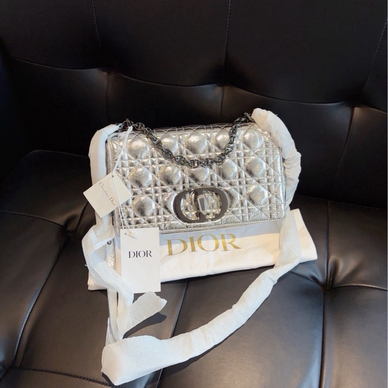 【閒置帶吊牌🆕】Dior 金屬太空銀Caro鏈條包中號 經典藤格紋烏金扣 單肩包-0