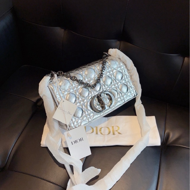 【閒置帶吊牌🆕】Dior 金屬太空銀Caro鏈條包中號 經典藤格紋烏金扣 單肩包-1