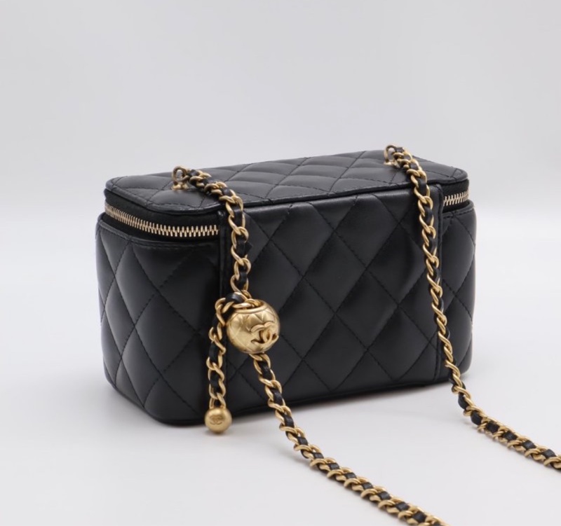 CHANEL 香奈兒 黑色  金球 化妝包 方盒子-5