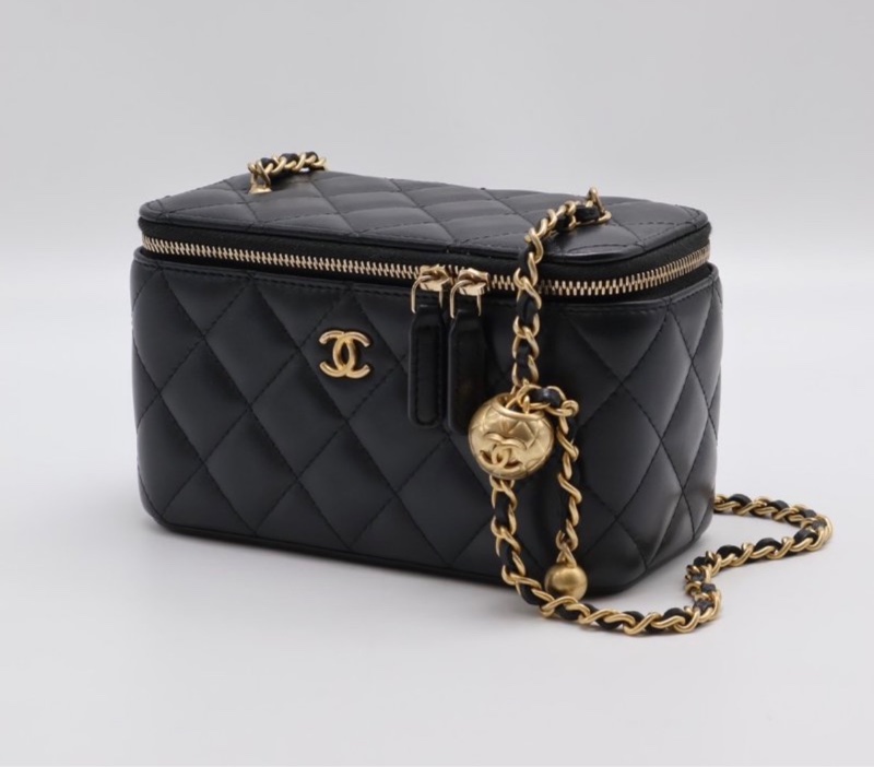 CHANEL 香奈兒 黑色  金球 化妝包 方盒子-15