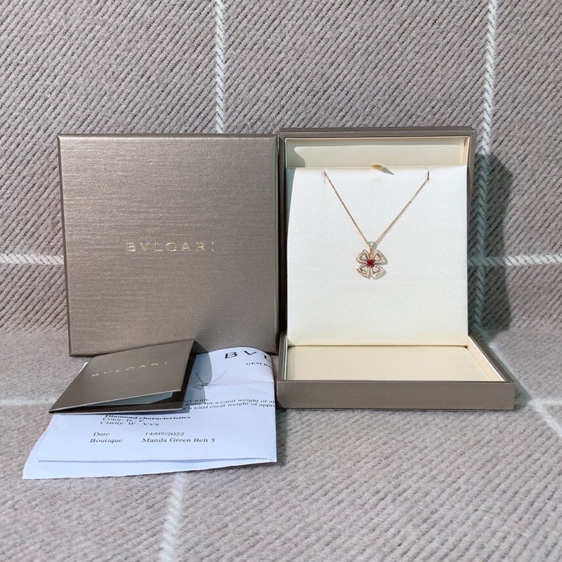 Bvlgari 寶格麗 fiorever詠綻系列花朵大號玫瑰金滿鑽項鍊，中間搭配紅寶石，2022購入-4