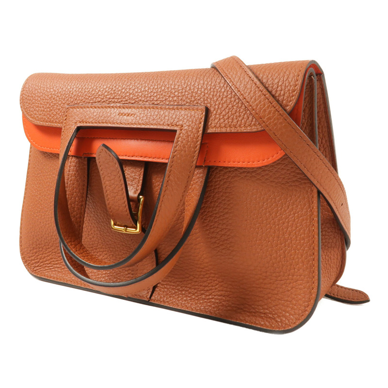 HERMES Clemence皮革Halzan 25 Verso金扣手挽肩背兩用袋Cuivre/Capucine-2