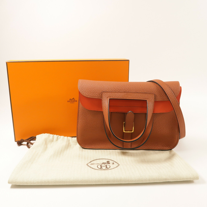 HERMES Clemence皮革Halzan 25 Verso金扣手挽肩背兩用袋Cuivre/Capucine-8