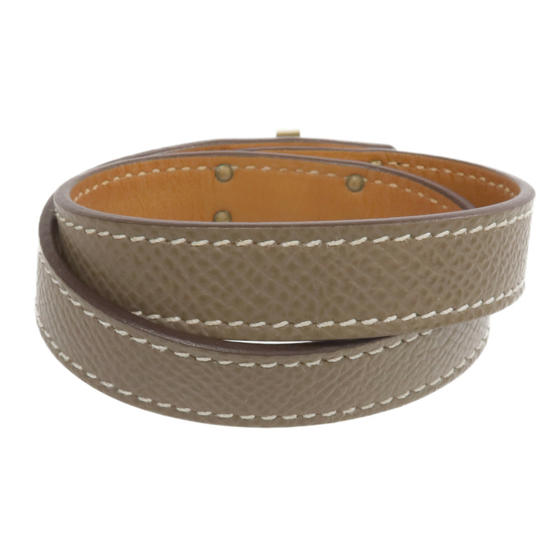 HERMES Epsom皮革Kelly Double Tour Bracelet金扣手帶Etoupe/Gold-2
