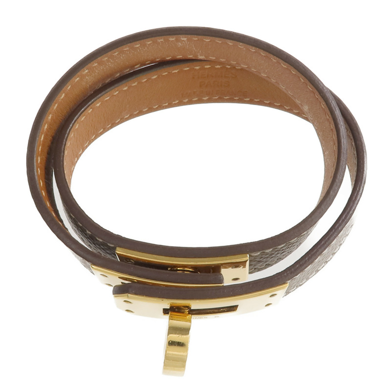 HERMES Epsom皮革Kelly Double Tour Bracelet金扣手帶Etoupe/Gold-3