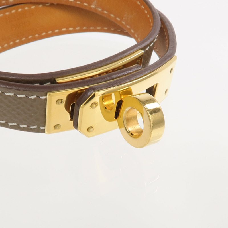 HERMES Epsom皮革Kelly Double Tour Bracelet金扣手帶Etoupe/Gold-4