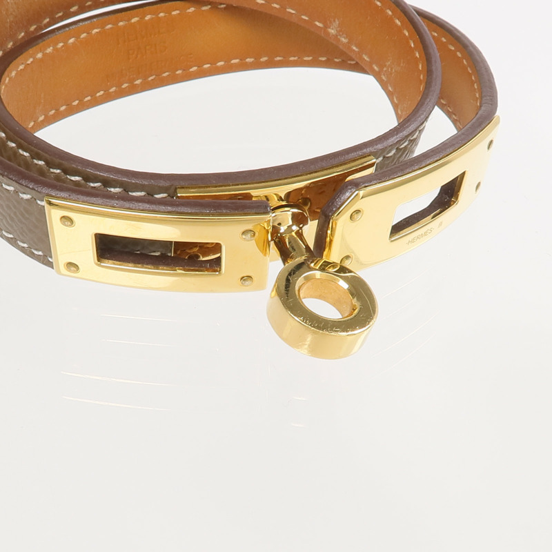 HERMES Epsom皮革Kelly Double Tour Bracelet金扣手帶Etoupe/Gold-5