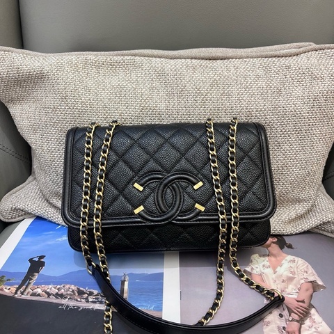 Chanel香奈兒黑金荔枝紋牛皮vanity