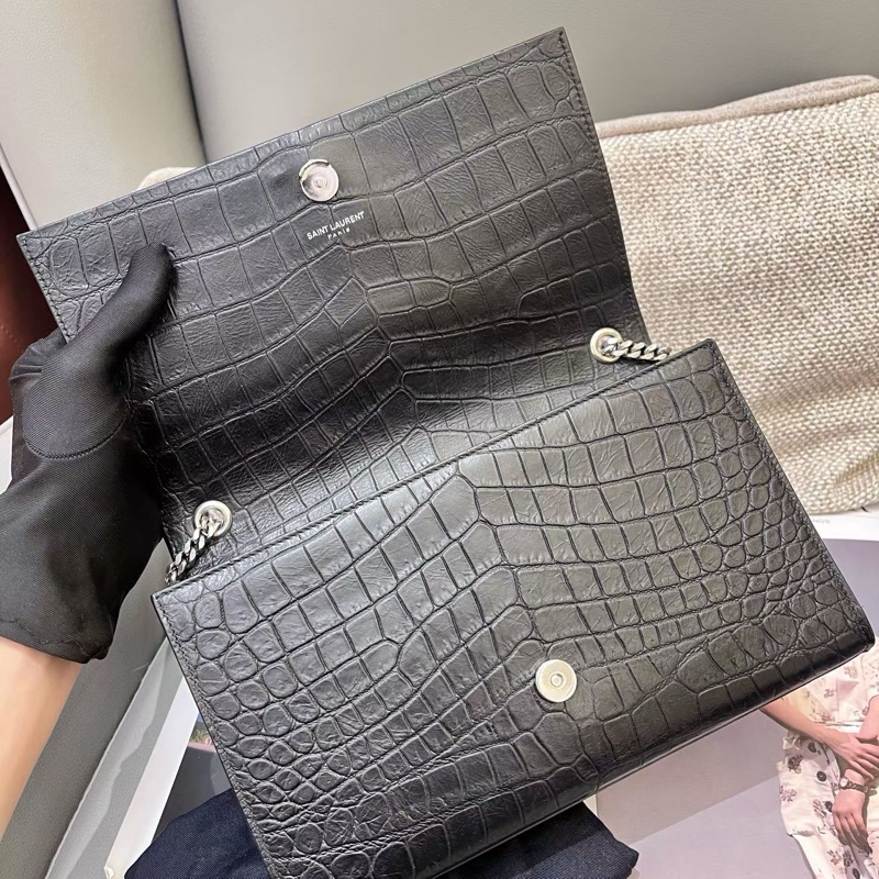 聖羅蘭YSL鰐魚壓紋中號黑銀流蘇 Kate-6