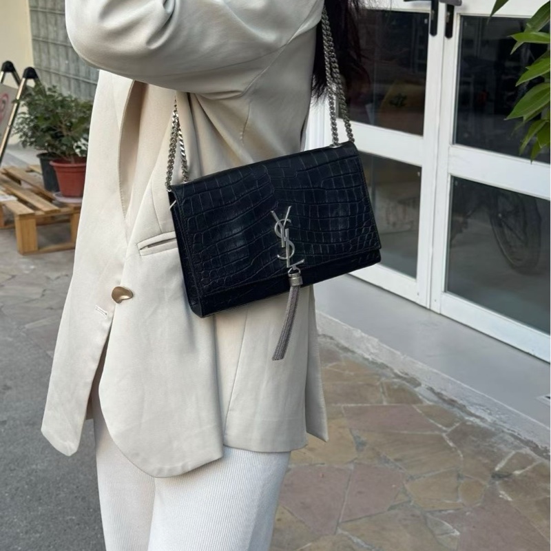 聖羅蘭YSL鰐魚壓紋中號黑銀流蘇 Kate-9