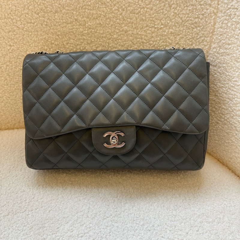 Chanel 香奈兒 Jumbo 灰銀 原始成色 羊皮 雙蓋 CF 大號單肩斜挎鏈條包-0