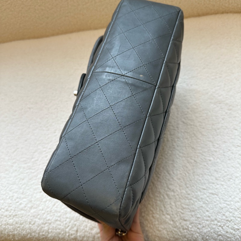 Chanel 香奈兒 Jumbo 灰銀 原始成色 羊皮 雙蓋 CF 大號單肩斜挎鏈條包-2