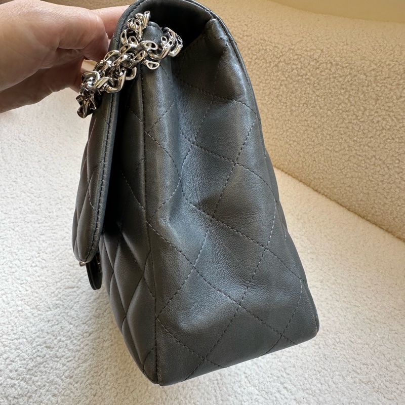 Chanel 香奈兒 Jumbo 灰銀 原始成色 羊皮 雙蓋 CF 大號單肩斜挎鏈條包-7