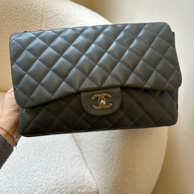 Chanel 香奈兒 Jumbo 灰銀 原始成色 羊皮 雙蓋 CF 大號單肩斜挎鏈條包-8