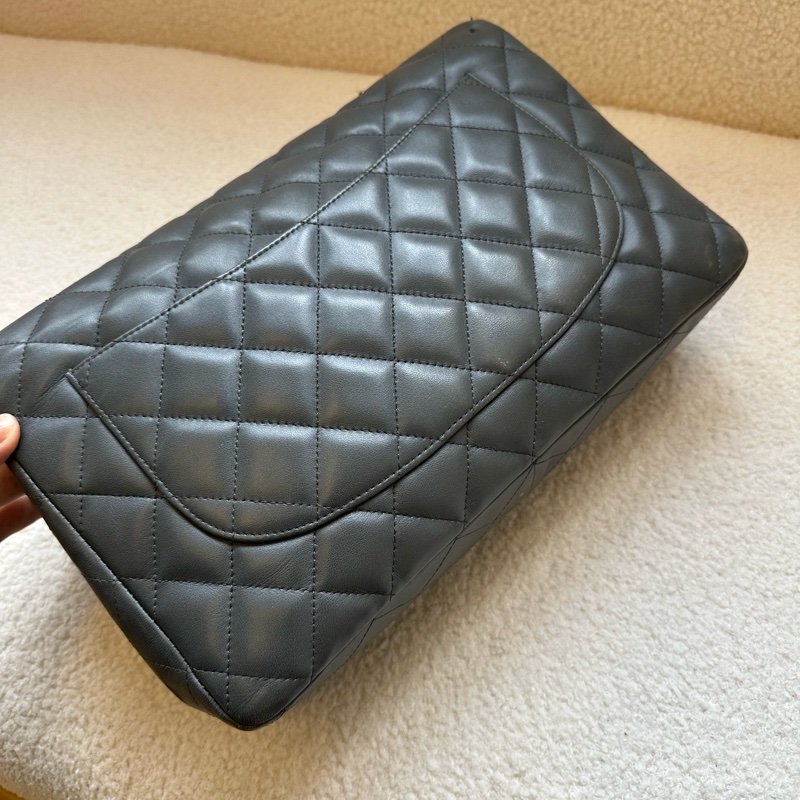 Chanel 香奈兒 Jumbo 灰銀 原始成色 羊皮 雙蓋 CF 大號單肩斜挎鏈條包-9