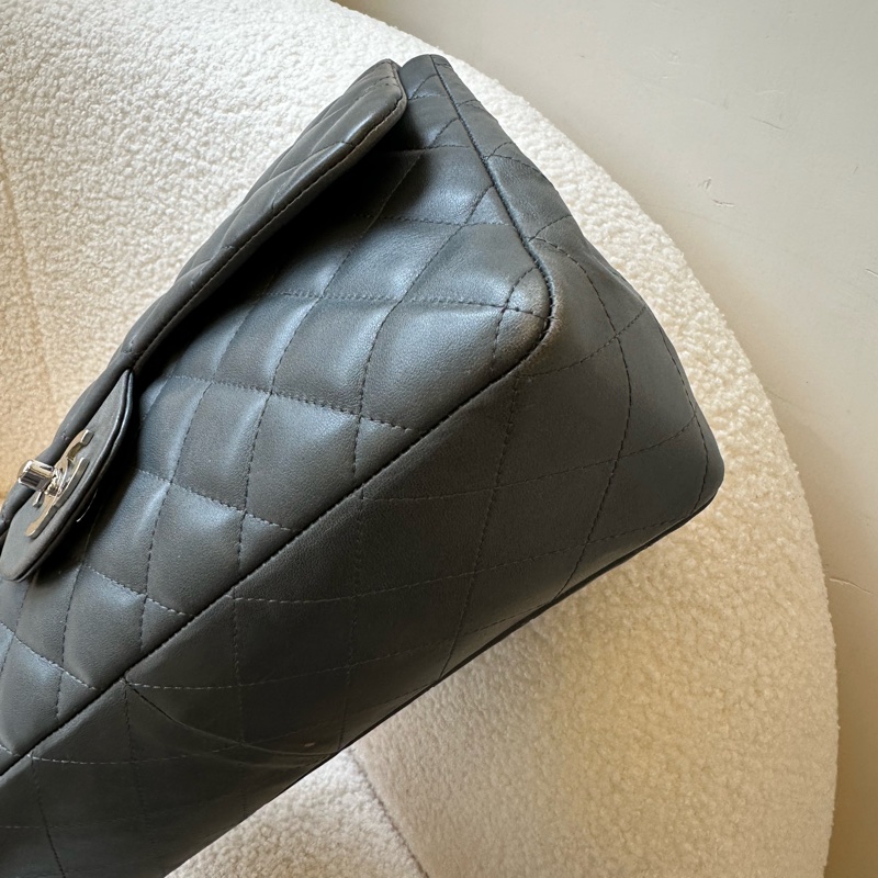 Chanel 香奈兒 Jumbo 灰銀 原始成色 羊皮 雙蓋 CF 大號單肩斜挎鏈條包-12