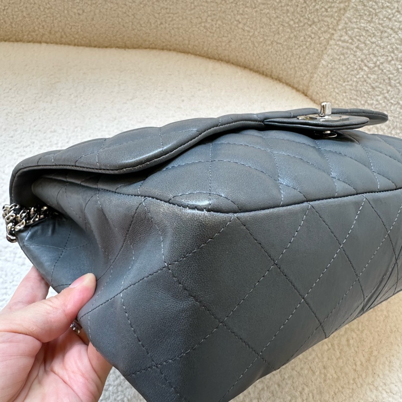 Chanel 香奈兒 Jumbo 灰銀 原始成色 羊皮 雙蓋 CF 大號單肩斜挎鏈條包-14