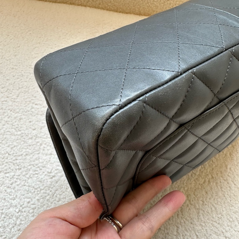 Chanel 香奈兒 Jumbo 灰銀 原始成色 羊皮 雙蓋 CF 大號單肩斜挎鏈條包-15