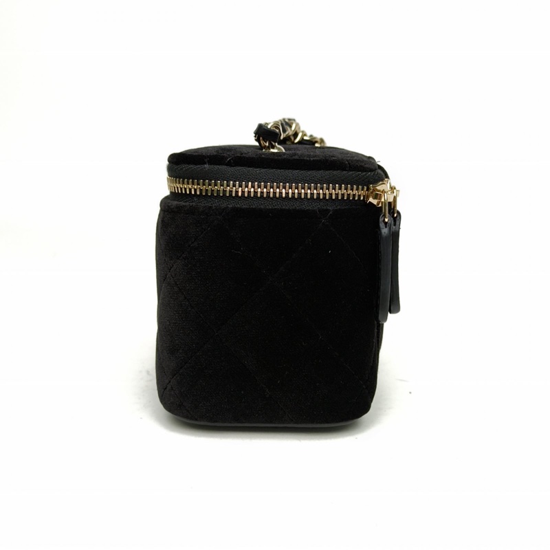 CHANEL 黑色天鵝絨鐳射標淺金扣方盒子化妝包帶鏡子肩背包-1